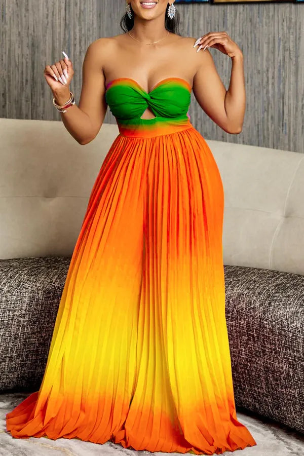 Rainbow Color Tube Pleated Wide Leg Jumpsuits