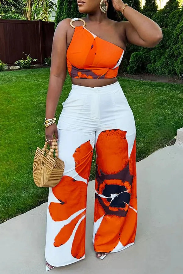 One Shoulder Sleeveless Crop Tops And Wide Leg Pants