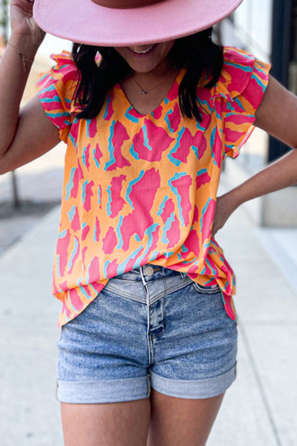 Orange Abstract Print V Neck Ruffled Sleeve Blouse