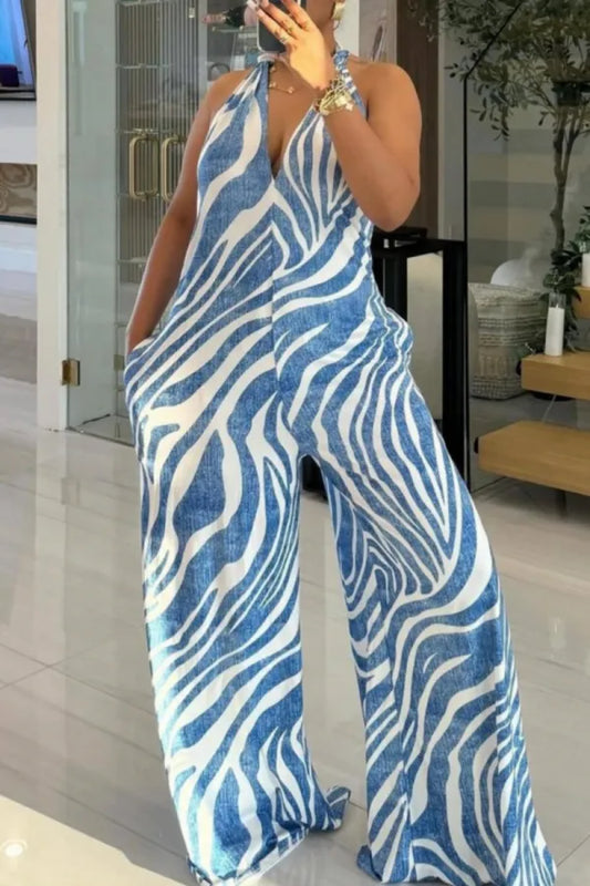 Backless Deep V Neck Vacation Halter Wide Leg Jumpsuits