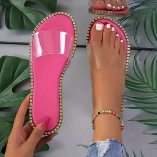 Rhinestone Transparent Strap Open Toe Flat Slide Sandal