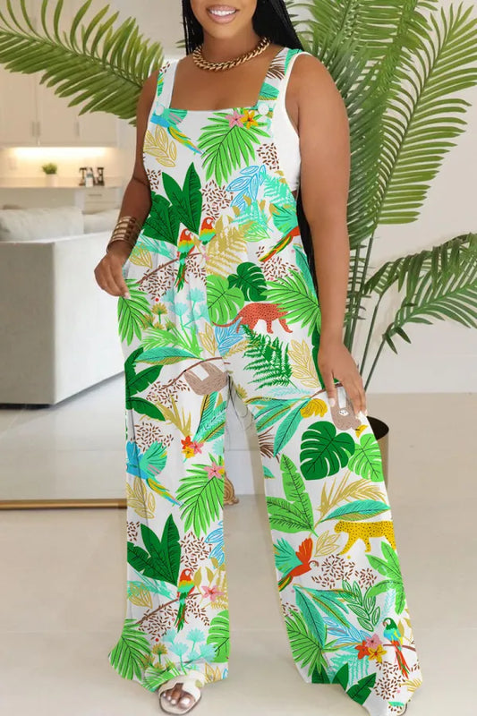 Floral Print Backless Wide Leg Jumpsuits