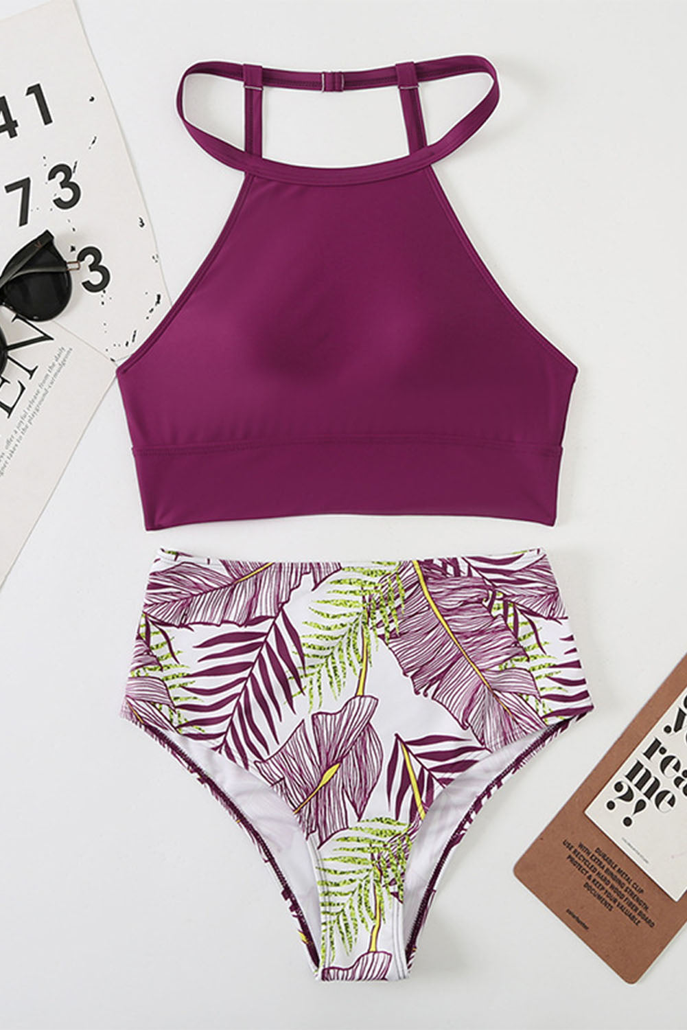 Red Tropical Print Back Split Color Block High Waisted Swimsuit