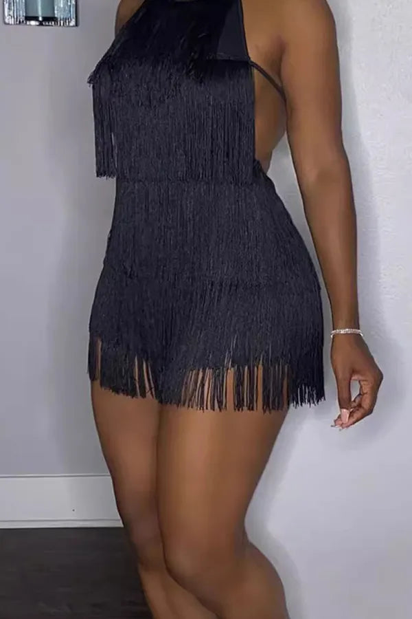 Tassel Bandage Patchwork Backless Romper