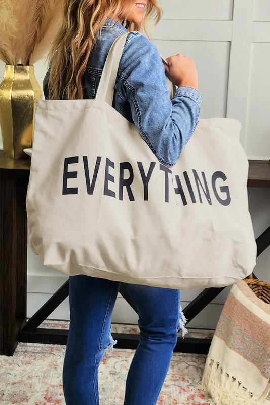 White EVERYTHING Letter Print Large Canvas Tote Bag