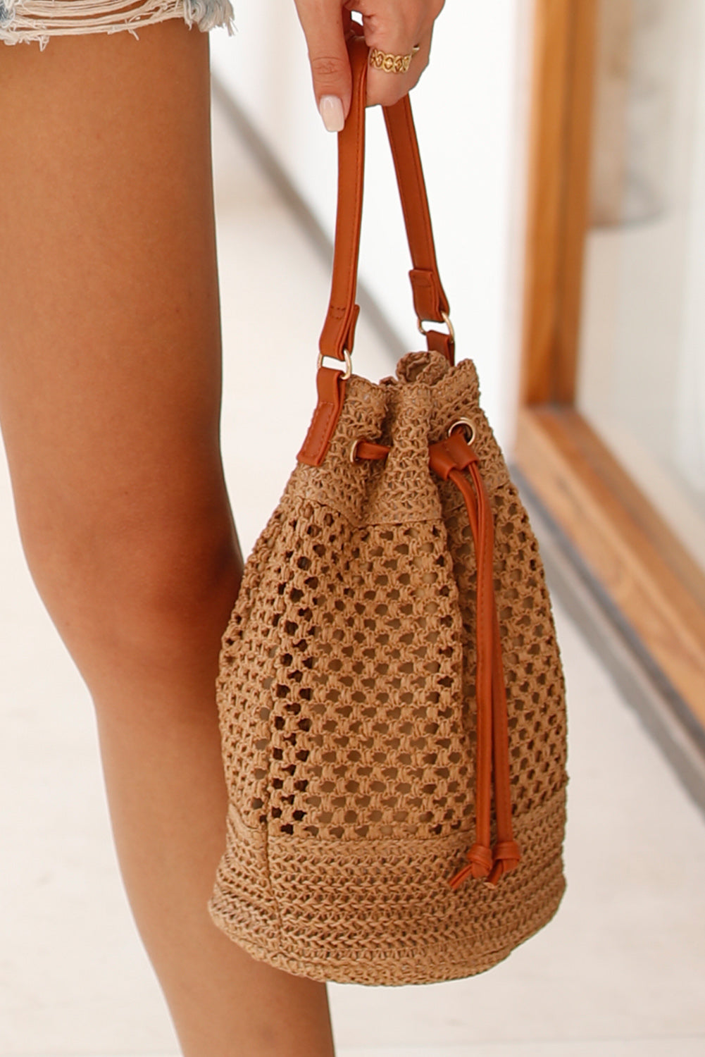 Camel Paper Rope Bucket Shoulder Bag