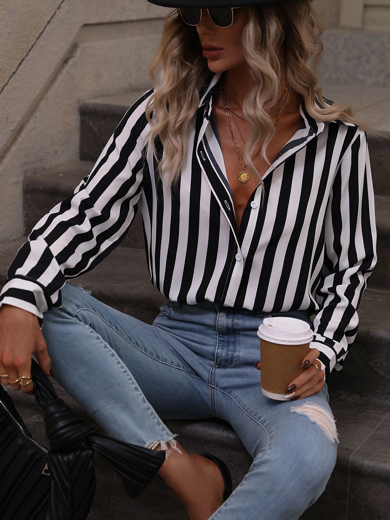 Vertical Striped Print Button Up Shirt