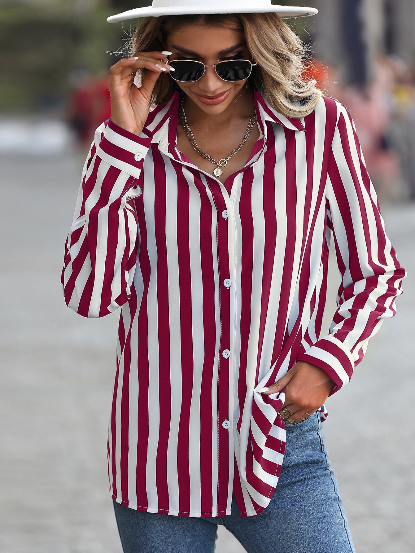 Vertical Striped Print Button Up Shirt